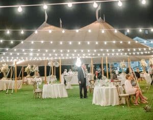 CE rental tent, tables, and string lights