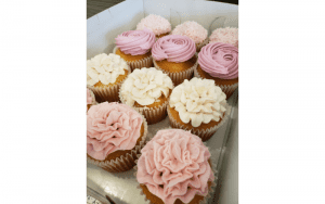 Edible Art Raleigh NC dozen cupcakes with pink and white frosting