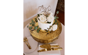 Edible Art Raleigh NC 1 tier- white cake with white roses and MR & MRS cake topper