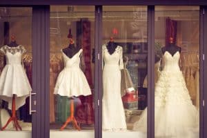Prepare for Wedding Dress Shopping-Wedding Dresses in Shop Window-Forever Bridal Wedding Shows
