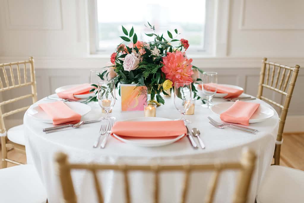 Living Coral Wedding Table, Coral Napkins, Living Coral Table setting, Coral Table, Living Coral Wedding Decor