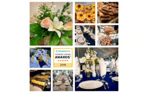 Visions Catering collage of table décor, catered food, and florals for couples choice awards 2019