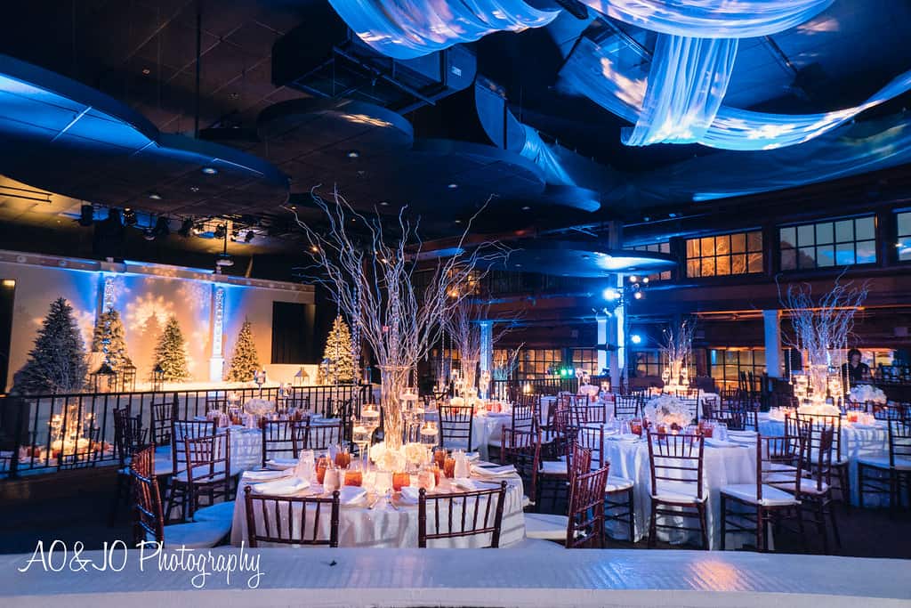 Beautiful winter themed wedding at Cypress Manor in Cary, North Carolina. Showcasing a broad view of the venue and table settings and decor - Forever Bridal Wedding Shows
