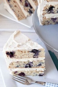 Cake slice with white frosting and blueberries
