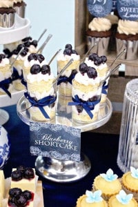 Assortment of blueberry shortcakes on a decorative stand