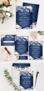 Set of blue calligraphy wedding cards and invitations with floral design