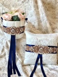 Pillow and flowers with blue ribbon