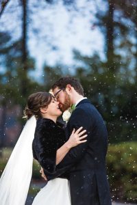 J.B. Haygood Photography - Bride wearing brown fur shawl and long veil kissing her groom in the snow - Forever Bridal Wedding Shows