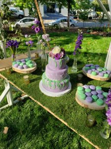 Back Yard Puple & Green 3 Tier Wedding Cake with Macarons by Edible Art Raleigh