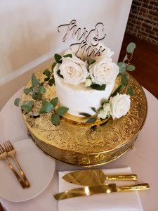 Mr & Mrs wedding Cake with Gold Cake Stand by Edible Art Raleigh