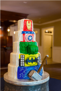 Special Edible Art five tiered Marvel superhero wedding cake design