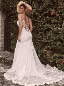 Simply Blush Bridal | Lacy, dramatic wedding dress